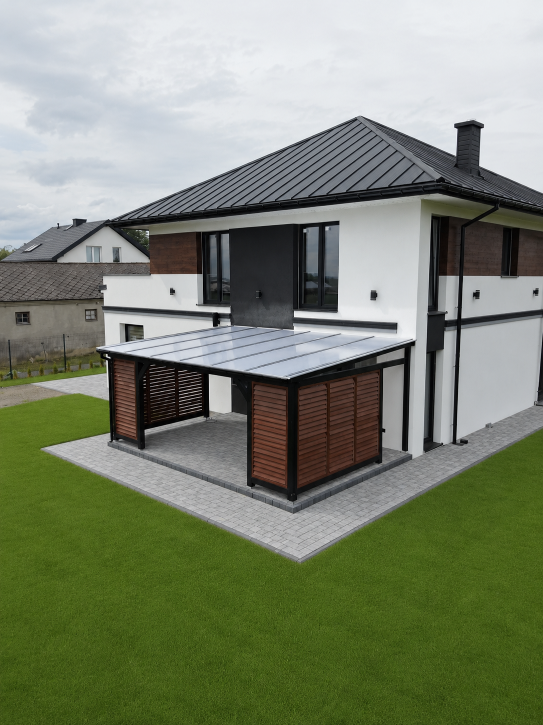 Projekt zadaszenia tarasu z konfiguratora 3D przy nowoczesnym domu piętrowym